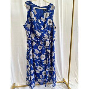 Jessica Howard Women's Plus 24W Blue Floral Faux Wrap Dress with Ruffle
